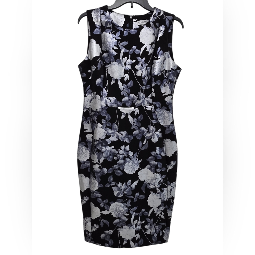 Calvin Klein Sheath Dress Floral Sleeveless Black Silver Women's  Size 10